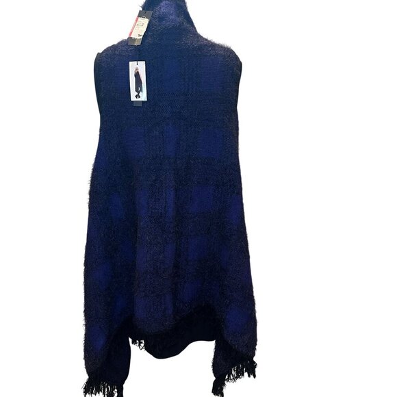 Vertigo Plaid Fuzzy Cardigan Womens Open Front Tweed Wrap Cape Boho Fringe Trim - Picture 4 of 16